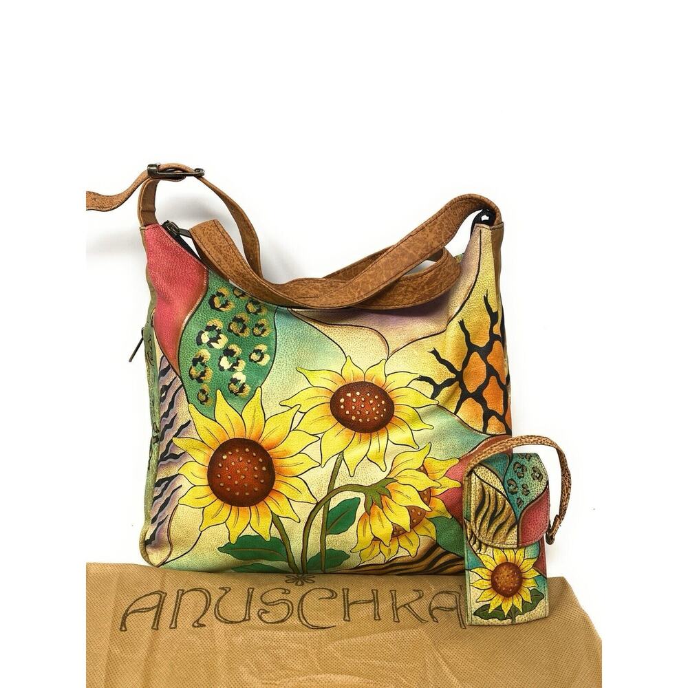 Anuschka Sunflower Safari Hand Painted Leather Crossbody Hobo Purse w/ wristlet